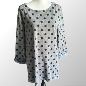 Talbots Gray/Black Polka Dot 3/4 sleeves Top w/‎ Blue Chambray Cuffs in XL